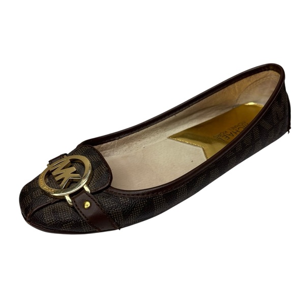 Michael Kors Signature Fulton Brown Driving Flats Gold MK Medallion Size 6.5 - Picture 1 of 16